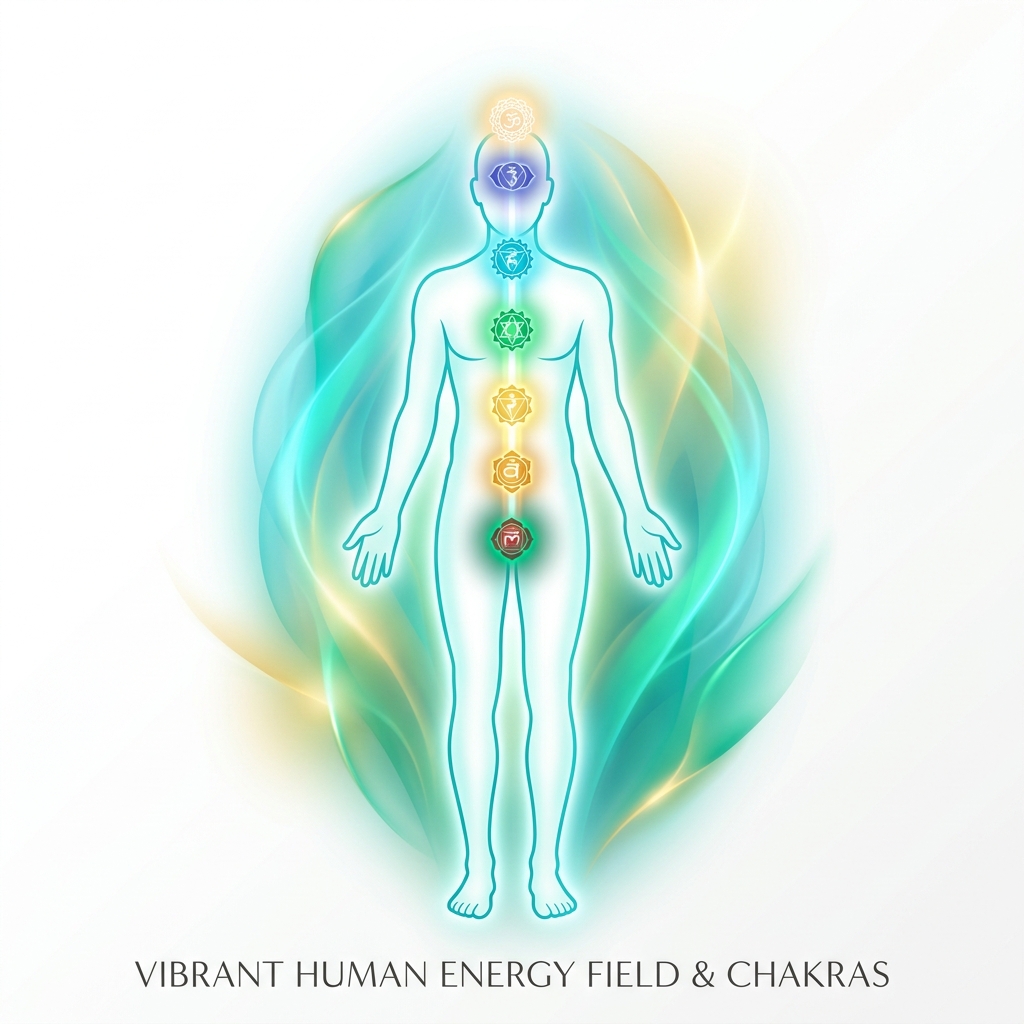 Aura fields and major chakras illuminated along the spine